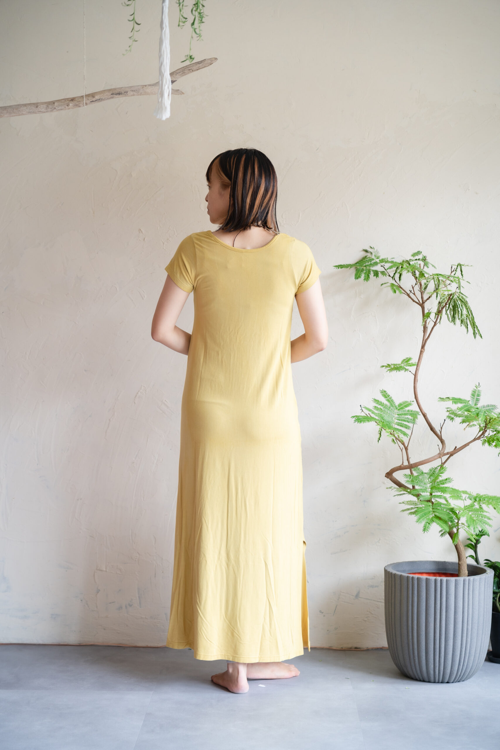 天然素材・草木染め】 ハーフスリーブワンピース バンブー(yellow 